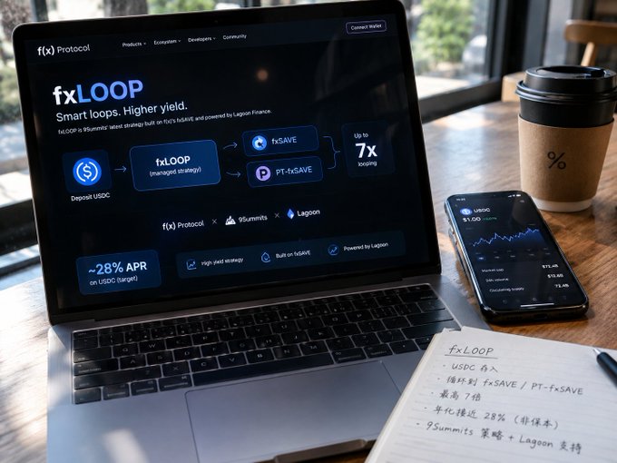 Laptop displaying the f(x) Protocol fxLOOP page showing ~28% APR on USDC with deposits into fxSAVE and PT-fxSAVE strategies, accompanied by a smartphone showing USDC charts and handwritten notes about fxLOOP's features, next to a coffee cup on a wooden desk.