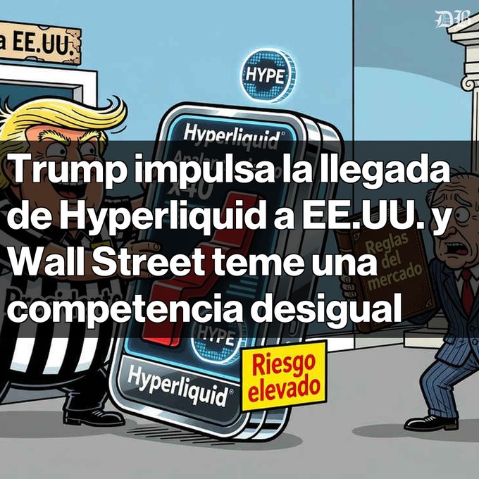 A cartoon-style illustration with Spanish text reading 'Trump impulsa la llegada de Hyperliquid a EE.UU. y Wall Street teme una competencia desigual' (Trump promotes Hyperliquid's arrival in the US and Wall Street fears unequal competition), featuring characters and a 'Riesgo elevado' (high risk) label.