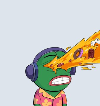 A cartoon Pepe the Frog wearing headphones and a Hawaiian shirt shoots a fiery stream of donuts and pastries from his mouth, humorously visualizing the post's phrase "i speak nfts bruh" as the character "speaking" a chaotic burst of NFT-themed treats.