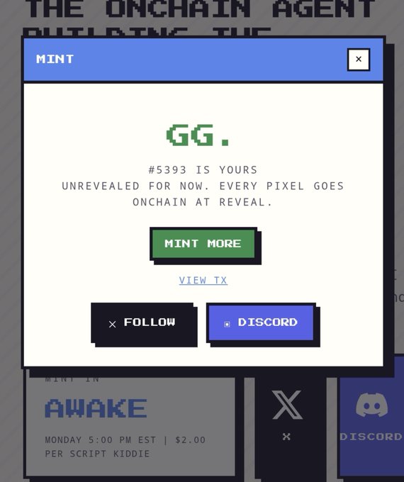 A pixel-art style minting confirmation popup displaying 'GG. #5393 IS YOURS' with a green 'MINT MORE' button and links for Follow and Discord.