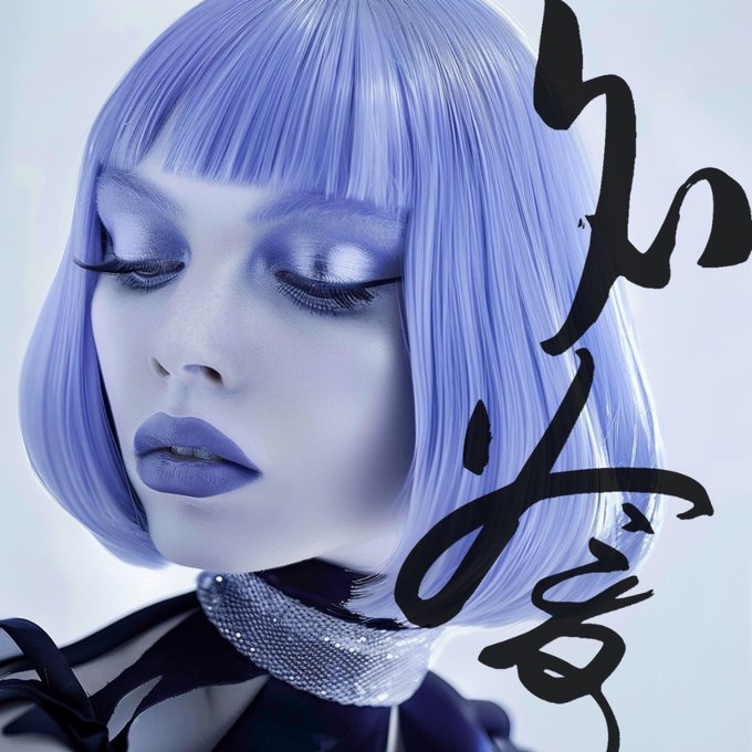 An artistic portrait of a person with a lavender bob haircut and matching purple makeup, wearing a sparkly choker, with black calligraphic brushstrokes on the right side.