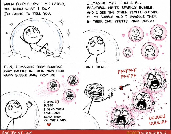 A four-panel rage comic titled 'ragepaint.com' illustrating a coping mechanism where a character imagines people who upset them floating away in pink bubbles, only to ultimately imagine stabbing them with a sword.
