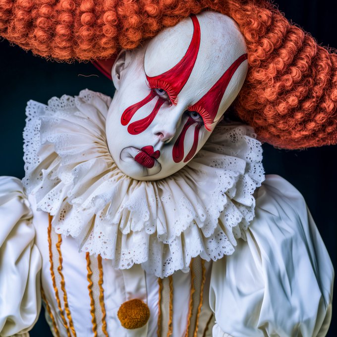 A figure dressed as Pennywise the clown from "It," featuring the iconic white face paint, dramatic red makeup around the eyes and lips, a voluminous orange-red wig, and an elaborate ruffled white collar. The image ties into the "nearly clown season" caption, evoking the eerie presence of Pennywise as the Halloween season approaches.