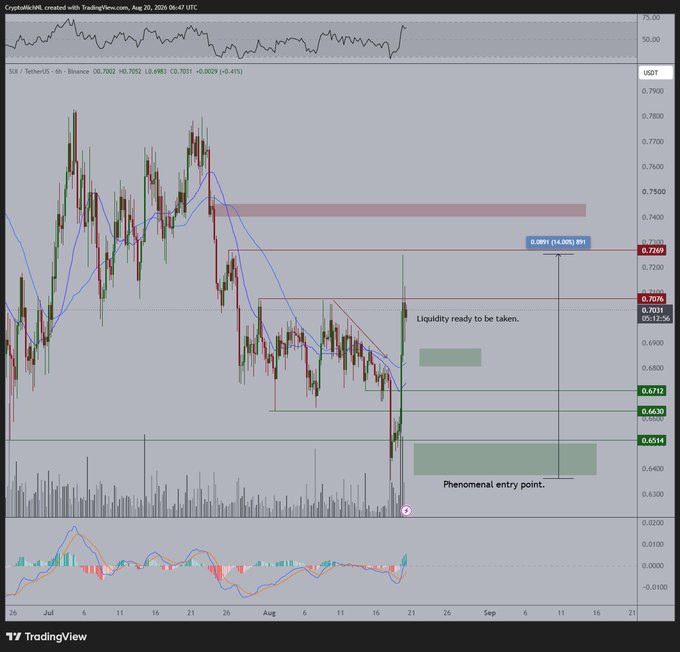 A TradingView candlestick chart of SUI/USDT on the 4-hour timeframe shows price consolidating between $0.65 and $0.70, with annotations marking a "Phenomenal entry point" near $0.65 and "Liquidity ready to be taken" around $0.70, supporting the post's view that $0.72 was reached after entry and $0.75-$0.80 are likely next resistance levels.