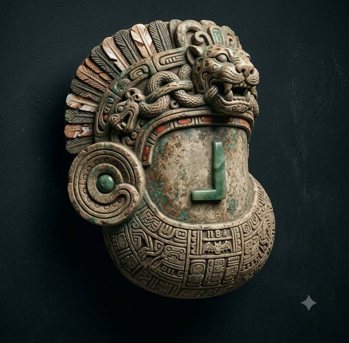 A detailed 3D render or photograph of an ancient Mesoamerican-style stone sculpture featuring a jaguar headdress and intricate carvings, set against a dark background.
