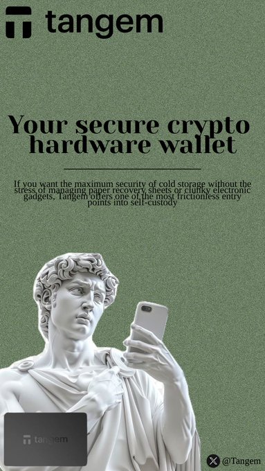 A Tangem advertisement promoting their crypto hardware wallet features a classical statue holding a smartphone, with the tagline "Your secure crypto hardware wallet" and text highlighting it as offering "maximum security of cold storage without the stress of managing paper recovery sheets or clunky electronic gadgets." The image illustrates Tangem's message of bridging classical security principles with modern cryptocurrency self-custody, supporting the post's discussion of why "not your keys, not your coins" makes traditional hardware wallets appealing for crypto holders.