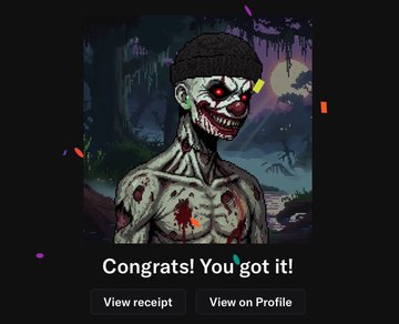 A celebratory message reading "Congrats! You got it!" is displayed over a pixel art illustration of a sinister, clown-like zombie wearing a beanie. The image indicates a successful purchase or "sweep" from the Pixelator collection on OpenSea.
