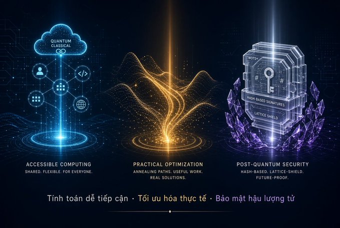 A promotional graphic illustrates three technological concepts: 'ACCESSIBLE COMPUTING', 'PRACTICAL OPTIMIZATION', and 'POST-QUANTUM SECURITY', with Vietnamese text below.