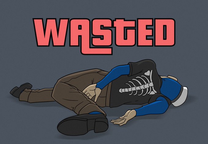 A cartoon illustration shows a person lying face-down with a skeleton visible through their shirt, under the large red text "WASTED," referencing the meme that appears when a character dies or "apes the top" by taking maximum risk and getting wiped out in a trade.