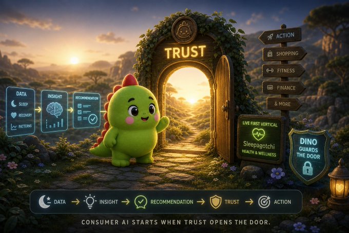 A digital marketing illustration features a green dinosaur mascot at a 'TRUST' door, with flow showing Data → Insight → Recommendation → Trust → Action, mentioning 'Sleepagotchi' and 'Consumer AI'.