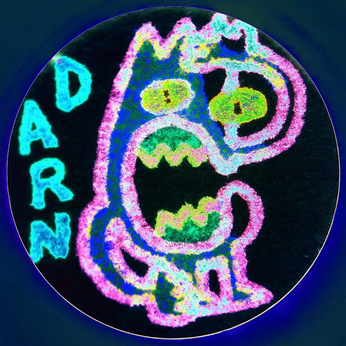 A glowing neon-style circular artwork featuring a quirky pink creature with large yellow eyes and the text 'DARN' on the left side.