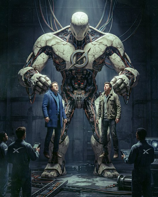A dramatic sci-fi illustration depicts a massive, cracked humanoid robot with an 'X' emblem on its chest, towering over two men in coats who appear to be levitating, while technicians in lab coats work at stations below.