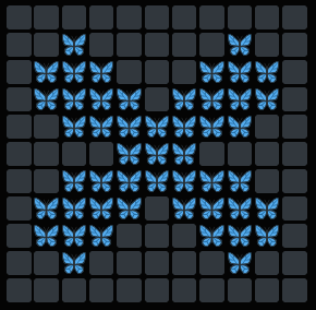 The image features a black background with small blue butterflies scattered across it, creating an interesting pattern that catches the viewer's attention. The butterflies appear to be floating or hovering above the squares, adding a sense of depth and dimension to the scene. The arrangement of the butterflies in this manner makes them look like they are floating in mid-air, giving the image a unique and captivating visual effect.