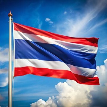 The image features the flag of Thailand waving against a blue sky with clouds. It relates to the post about Thailand approving Bitcoin and Ethereum ETFs for trading on the stock exchange.