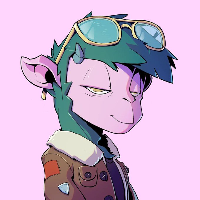 An illustration of a pink-skinned character with green hair, yellow eyes, small horns, pointed ears, and blue goggles resting on their head, wearing a brown jacket.