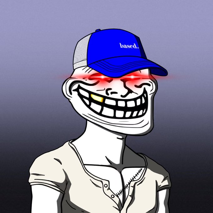 A digital illustration of a trollface character wearing a blue and white trucker hat that says 'based.' with glowing red eyes and an exaggerated grinning expression.