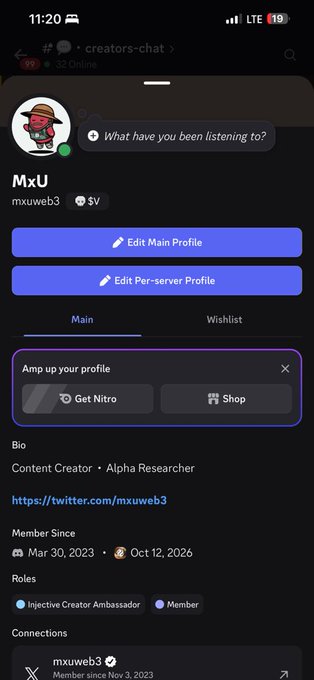 A mobile screenshot of a Discord profile for user "mxuweb3" showing them online, with roles "Injective Creator Ambassador" and "Member", and a bio describing them as a "Content Creator • Alpha Researcher" with a link to twitter.com/mxuweb3.