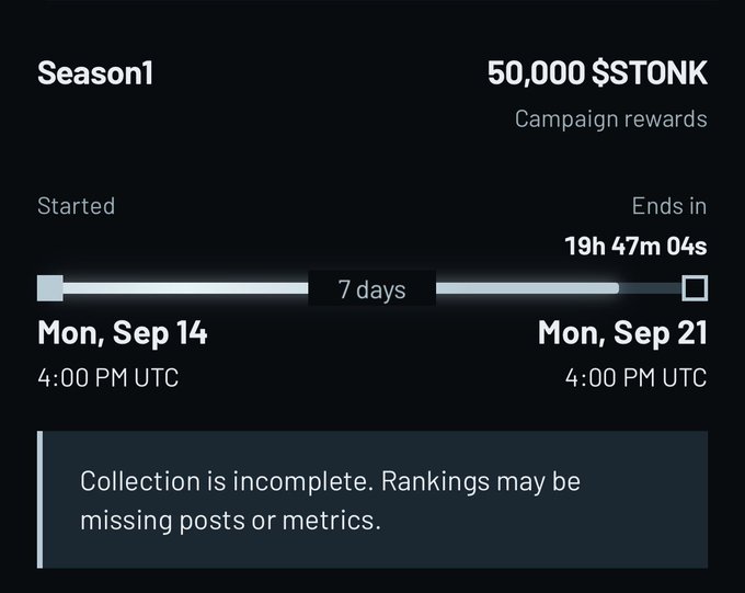 The image displays the Season 1 campaign for **$STONK**, offering 50,000 $STONK in rewards, which ran from Mon, Sep 14 at 4:00 PM UTC to Mon, Sep 21 at 4:00 PM UTC, with 19h 47m 04s remaining. A warning notes that "Collection is incomplete. Rankings may be missing posts or metrics," highlighting the urgency expressed in the accompanying post.