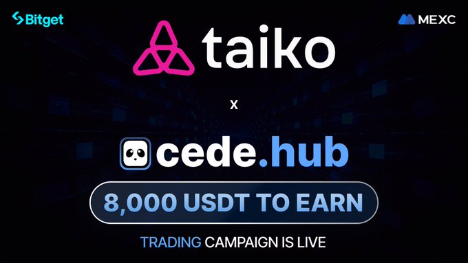 A promotional banner for a Taiko x cede.hub trading campaign featuring Bitget and MEXC exchange logos, advertising "8,000 USDT TO EARN" with the text "TRADING CAMPAIGN IS LIVE."