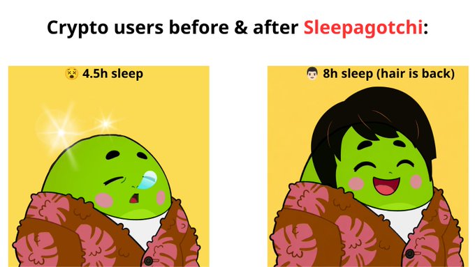Hodl-themed meme titled 'Crypto users before & after Sleepagotchi:' comparing a sleep-deprived green character on the left to a healthy one with full hair on the right.