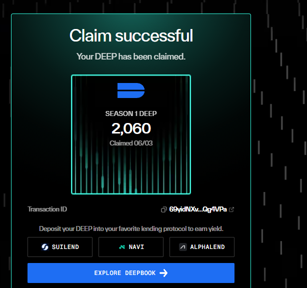 The image features a webpage that has a claim success message from DeepBook, which is an online bookkeeping and accounting service. The text on the screen congratulates users for successfully claiming their account, indicating that they have been credited with funds. There's also a link present in the image where users can explore more about DeepBook and its services or even download the DeepBook app if they want to get started using the platform.