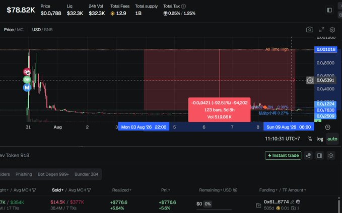 Cryptocurrency price chart showing a 92.51% drop from an all-time high of $1.018, with a token at $0.0788 and market cap of $78.2K.