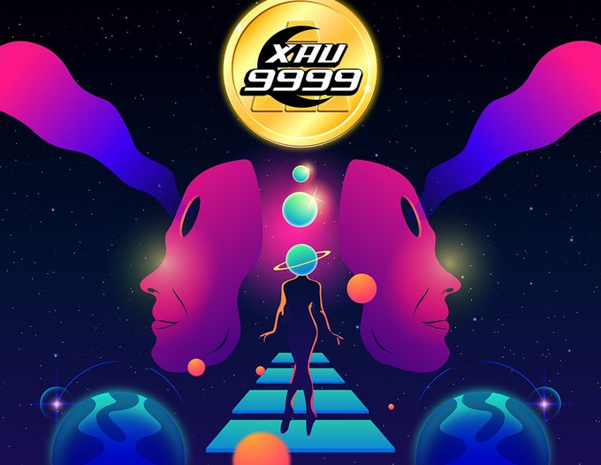 A psychedelic digital artwork showing a silhouette walking on a glowing blue path between two pink profile faces, topped with a golden 'XAU 9999' coin against a starry background.
