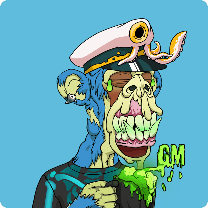 urn of green liquid with a white "G" on it, accompanied by a cartoon monkey wearing a pink hat and holding a cup against a blue background.