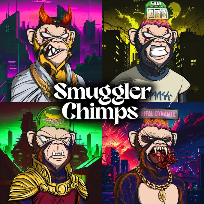 The image features a collection of four cartoon monkey characters, each with unique outfits and hairstyles, standing against a city skyline backdrop. The caption for the image reads "@smugglerchimps digitaldynamix.co.uk". This suggests that these monkey characters are part of an online art project or digital artwork, possibly created by @smugglerchimps artist.