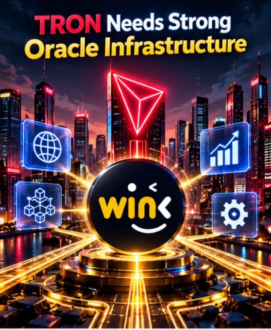 A promotional graphic reading 'TRON Needs Strong Oracle Infrastructure' featuring the TRON logo, a 'win' smiley face token, and icons for internet, analytics, and settings against a futuristic city skyline.