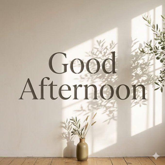 A decorative image showing the text 'Good Afternoon' on a cream-colored wall, accompanied by a small vase with dried plants and olive branches casting shadows in the sunlight.