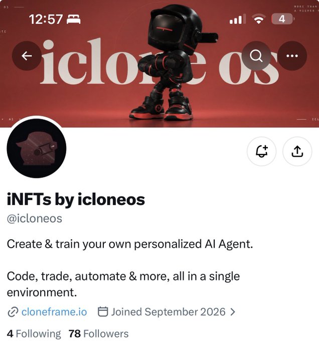 Twitter/X profile page for 'iNFTs by icloneos' (@icloneos), describing a service to 'Create & train your own personalized AI Agent' with 78 followers, joined September 2026, linked to cloneframe.io.