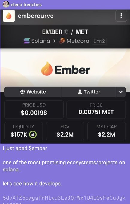 The image shows a screenshot from embercurve displaying the $EMBER token on Solana/Meteora with a price of $0.00198 USD (0.00751 MET), $157K liquidity, and a market cap of $2.2M, captioned "i just aped $ember" with the poster calling it "one of the most promising ecosystems/projects on solana."

This relates to the post where the user lists tokens they gave early calls on, with $EMBER being one of those tokens, reinforcing their argument that followers should have enabled notifications to catch these early opportunities.