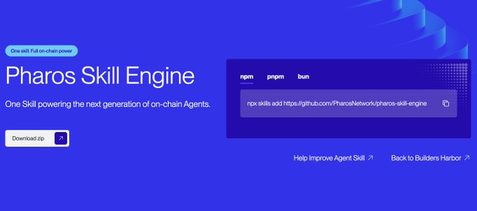 A promotional banner for the Pharos Skill Engine features the tagline "One skill. Full on-chain power" and "One Skill powering the next generation of on-chain Agents," alongside a code snippet showing the command "npx skills add https://github.com/PharosNetwork/pharos-skill-engine" with options for npm, pnpx, and bun. This image relates to the Pharos Agent Center, which serves as the gateway to the Pharos agent stack, highlighting the on-chain skills available to power AI agents.