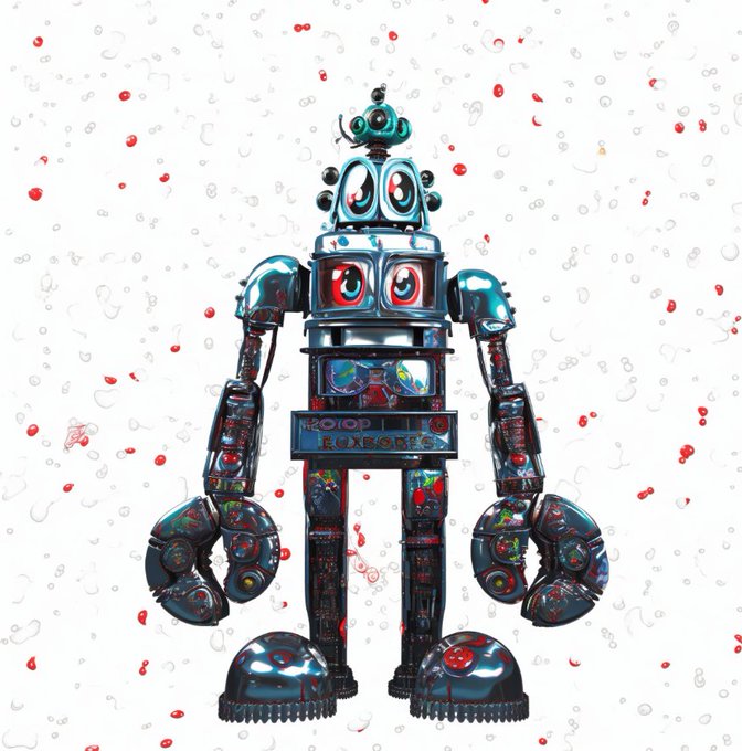 Digital artwork of a chrome/metallic retro-style robot with large googly eyes and claw hands, surrounded by red splatters on a white background.