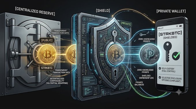 A technical diagram illustrating cryptocurrency security concepts with labeled sections for '[CENTRALIZED RESERVE]', '[SHIELD]', and '[PRIVATE WALLET]', showing Bitcoin and STRKBTC tokens with zero-knowledge proofs and shield ownership (ZK).