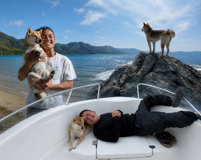A composite scene shows a man holding a Shiba Inu on a beach, another man lying on a boat deck with a Shiba Inu beside him, and a third Shiba Inu standing on rocks in the background.