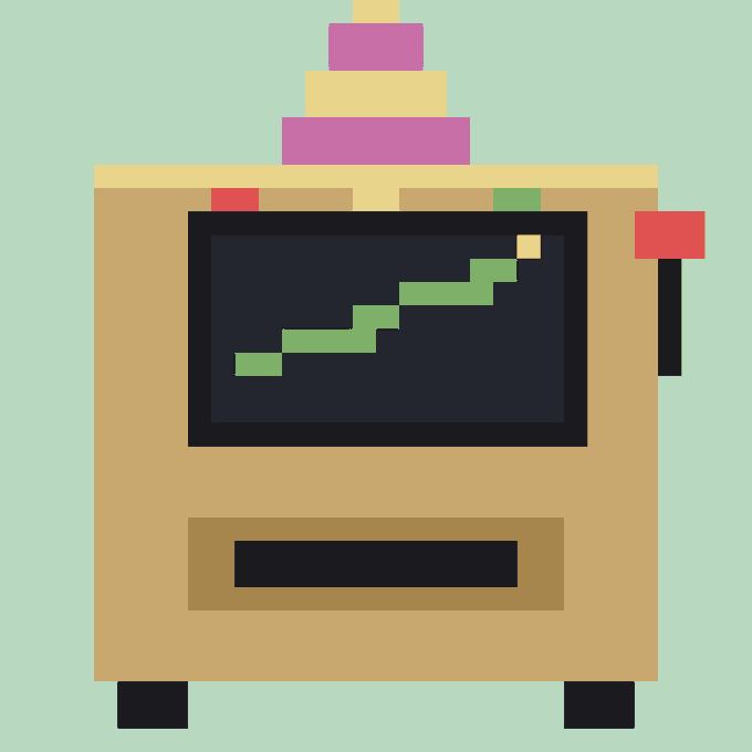 A pixel art illustration of an arcade cabinet with a green stepped graphic on the screen, pink and yellow accents on top, and a red joystick.