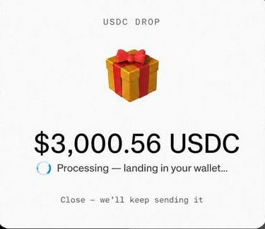 A USDC crypto drop notification showing a gift box icon and the amount "$3,000.56 USDC" with a message that it is processing and landing in the wallet.
