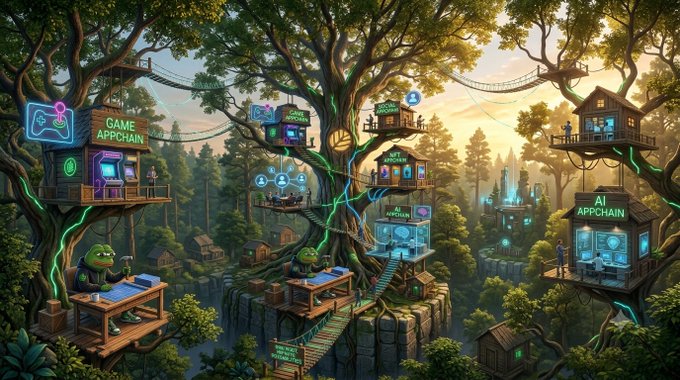 The image features a forest scene with various treehouses, including one that has neon lights. The trees are lush and green, creating a vibrant atmosphere. There are also several people present in the scene, possibly exploring or living in the treehouses. The overall setting appears to be an artistic representation of a digital world where users can create their own virtual spaces.