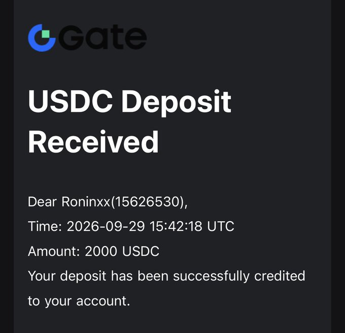 A Gate exchange notification showing 'USDC Deposit Received' for Roninxx(15626530), confirming 2000 USDC credited on 2026-09-29 at 15:42:18 UTC.