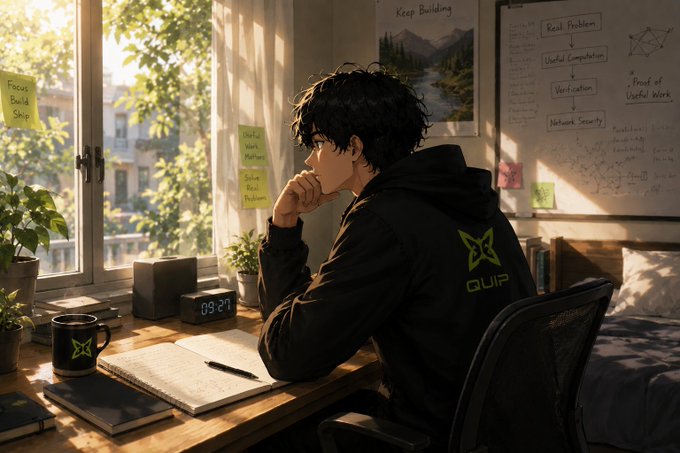 An anime-style illustration shows a young man in a black QUIP hoodie studying at a desk by a window, with notes about real problems and proofs of useful work pinned to the wall.