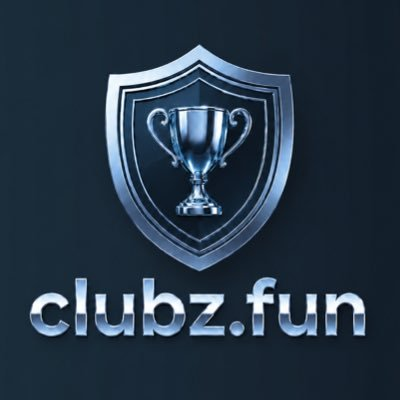A sleek metallic logo featuring a trophy inside a shield with the text "clubz.fun" displayed prominently against a dark blue background, representing a fantasy-style contest platform where users can draft picks from NFTs, Crypto, Stocks, and Sports to build clubs and compete for real money prizes.