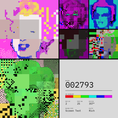 A glitch-art style test card shows distorted colorful pop-art portraits in pink, green, and blue tones with the number '002793', 'Screen Test', and 'Rich' labeled below.