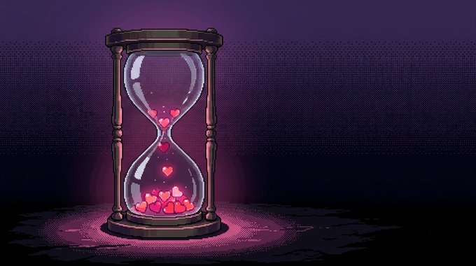 An ornate hourglass filled with glowing pink hearts set against a moody purple pixelated background, symbolizing the rapidly closing window to secure a Freemint/GTD spot for the Amora NFT launch before chapters close in 3 hours. The falling hearts reinforce the urgency of submitting wallets before the 6PM UTC deadline.