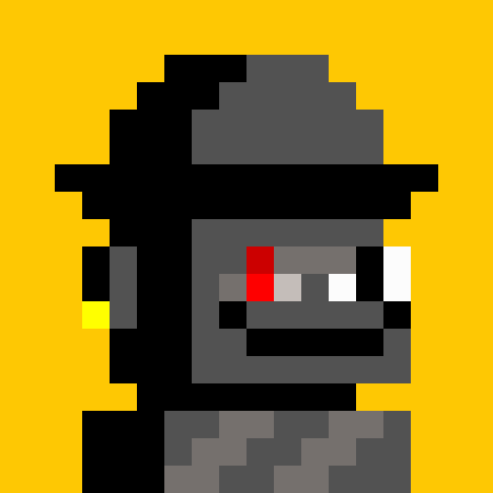 A pixel art portrait of a character in a dark fedora and trench coat with red glowing eyes against a bright yellow background.