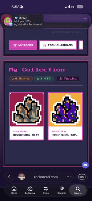 A mobile screenshot of the Rockateral NFT collection page shows "My Collection" with 6 Burns, 1 GTD, and 2 Rocks displayed, featuring two pixel-art rock NFTs (#540 and #29). The image relates to the post by showcasing a potential minting opportunity for the Rockateral collection, with a notification at the top indicating NFTs were minted by 0gbst.eth on Robinhood.