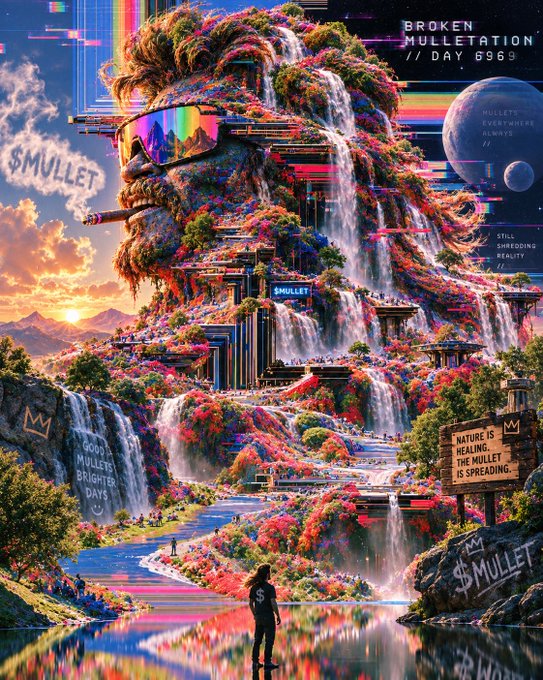 A vibrant digital artwork features a massive mountain shaped like a head wearing sunglasses, with waterfalls and colorful flora, overlaid with glitch effects and text including 'BROKEN MULLETATION // DAY 6969' and '$MULLET'.
