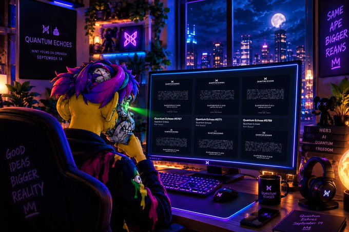 A neon-lit cyberpunk-style digital illustration of a character with a skull face and purple hair sitting at a computer displaying 'QUANTUM ECHOES' interfaces.