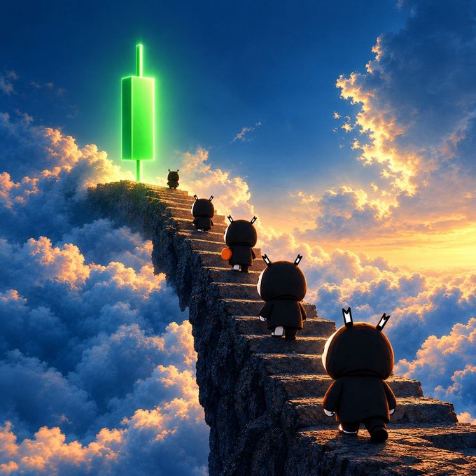 A digital artwork depicting a line of small black hooded figures ascending a stone staircase through the clouds toward a glowing green flag at sunset.